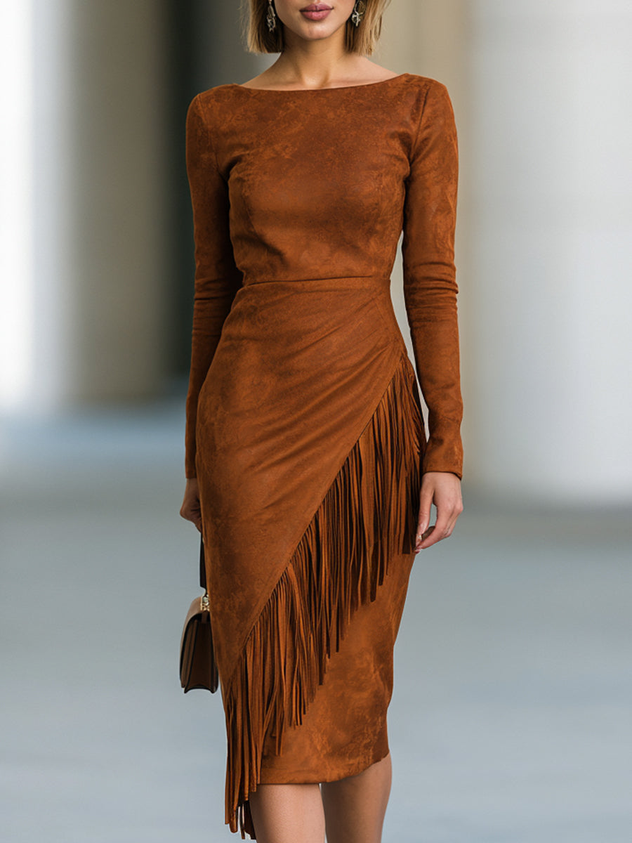 Asymmetric Fringe Faux Suede Midi Dress