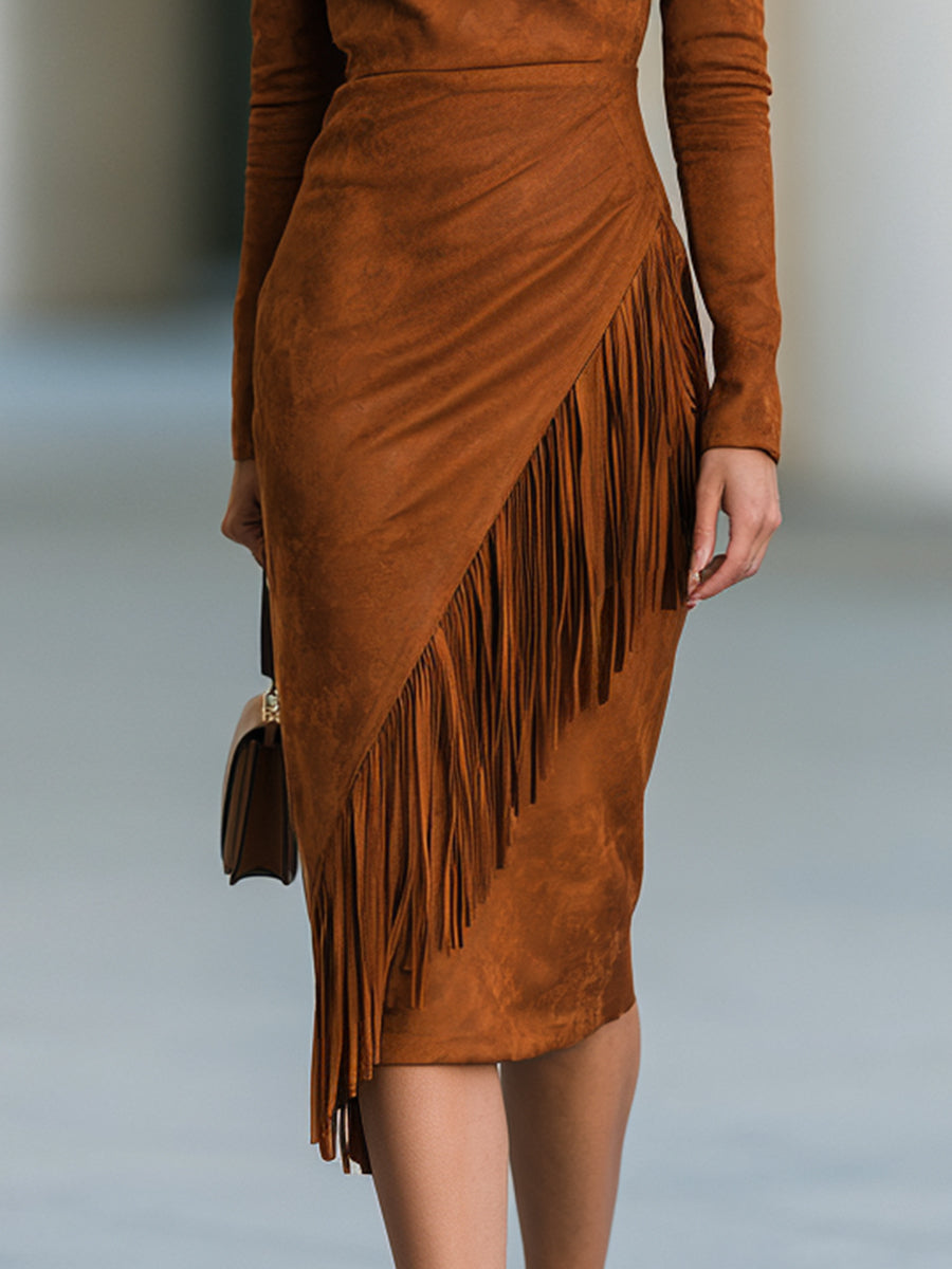 Asymmetric Fringe Faux Suede Midi Dress