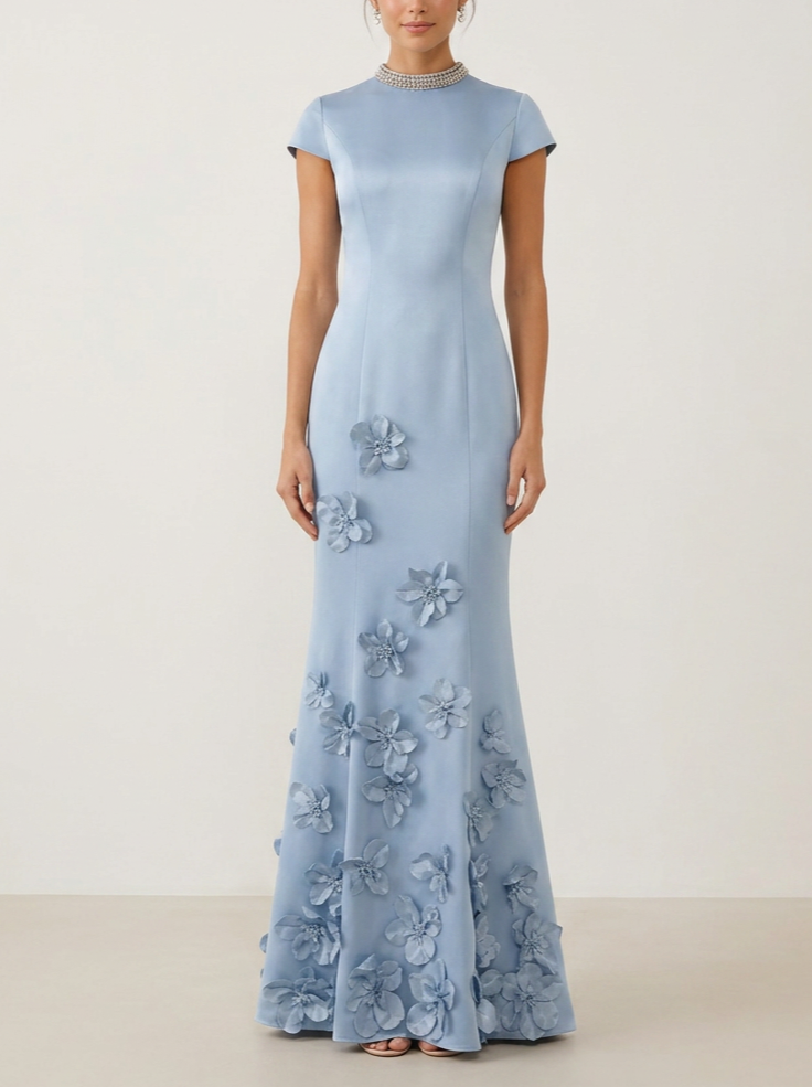 Light Blue Satin Crystal Neck Cap Sleeve 3D Floral Mermaid Evening Gown