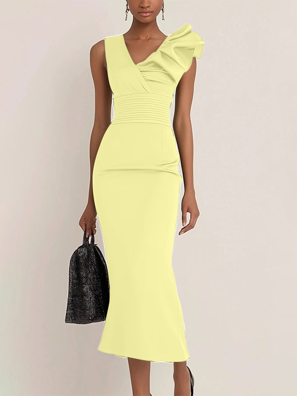 Work Semi-Formal Dress Green Sleeveless Ruffle Fitted Midi Dress
