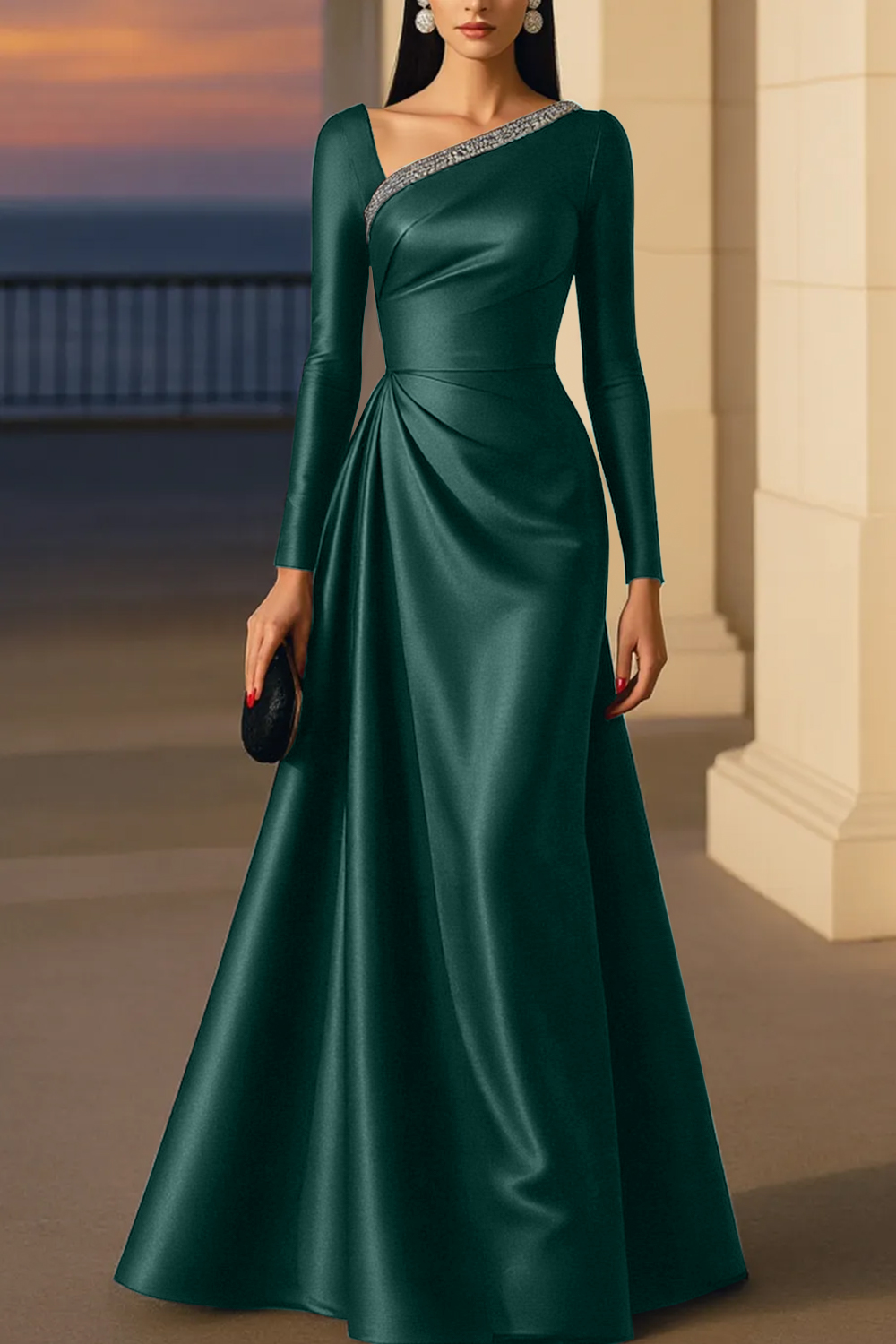 Evening Formal Burgundy Dress Asymmetrical Neck Long Sleeve Maxi Gown