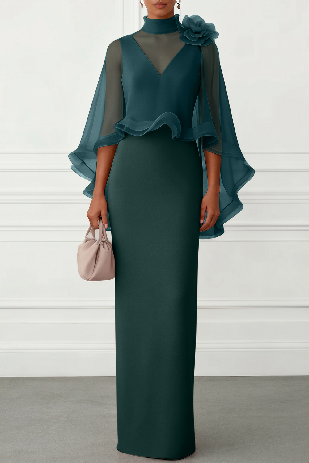 Nudepink 3D Floral Mesh Classic Mock Neck Half Sleeve Sheath Floor-length Gown Dress