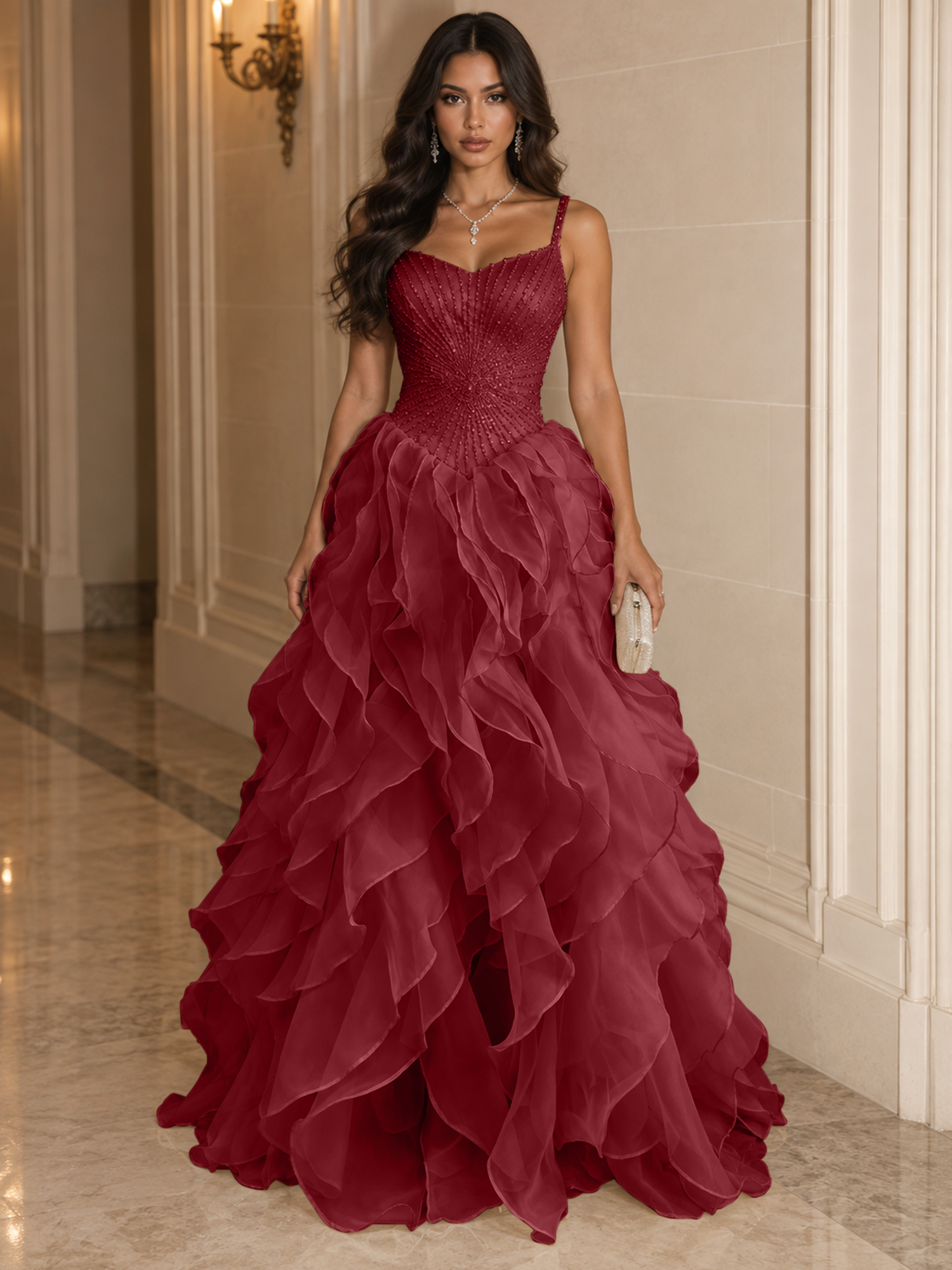 Spaghetti Straps Pleated Luxurious Maxi Evening Dresses with Beadings