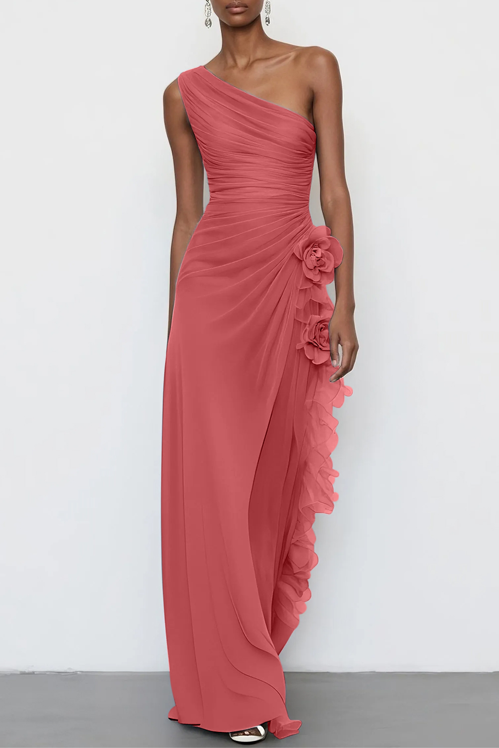 3D Floral Chiffon One Shoulder Sleeveless Sheath Maxi Dress