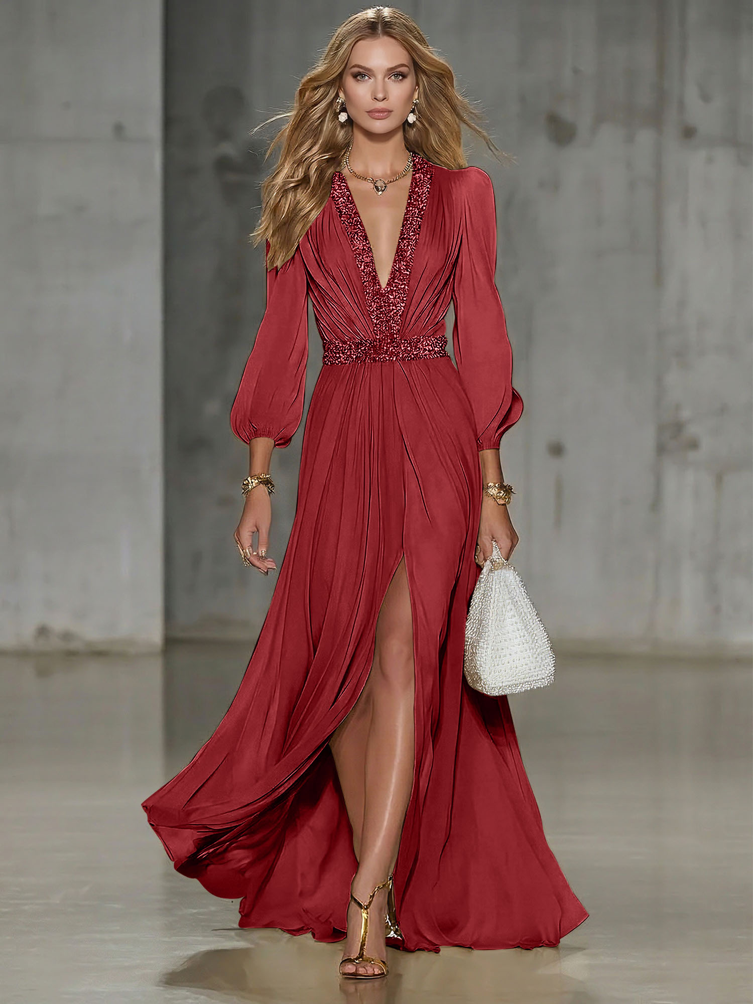 Elegant Beige Chiffon V-neck With Rhinestone Embellishments And A Side Slit Maxi Dress