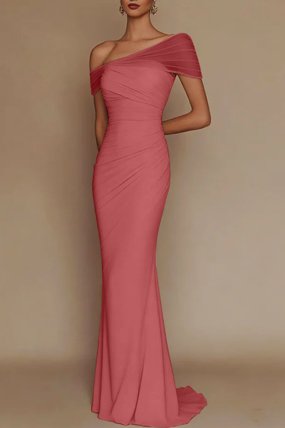 Blush Pink One-Shoulder Mesh-Patched Pleated Mermaid Maxi Dress