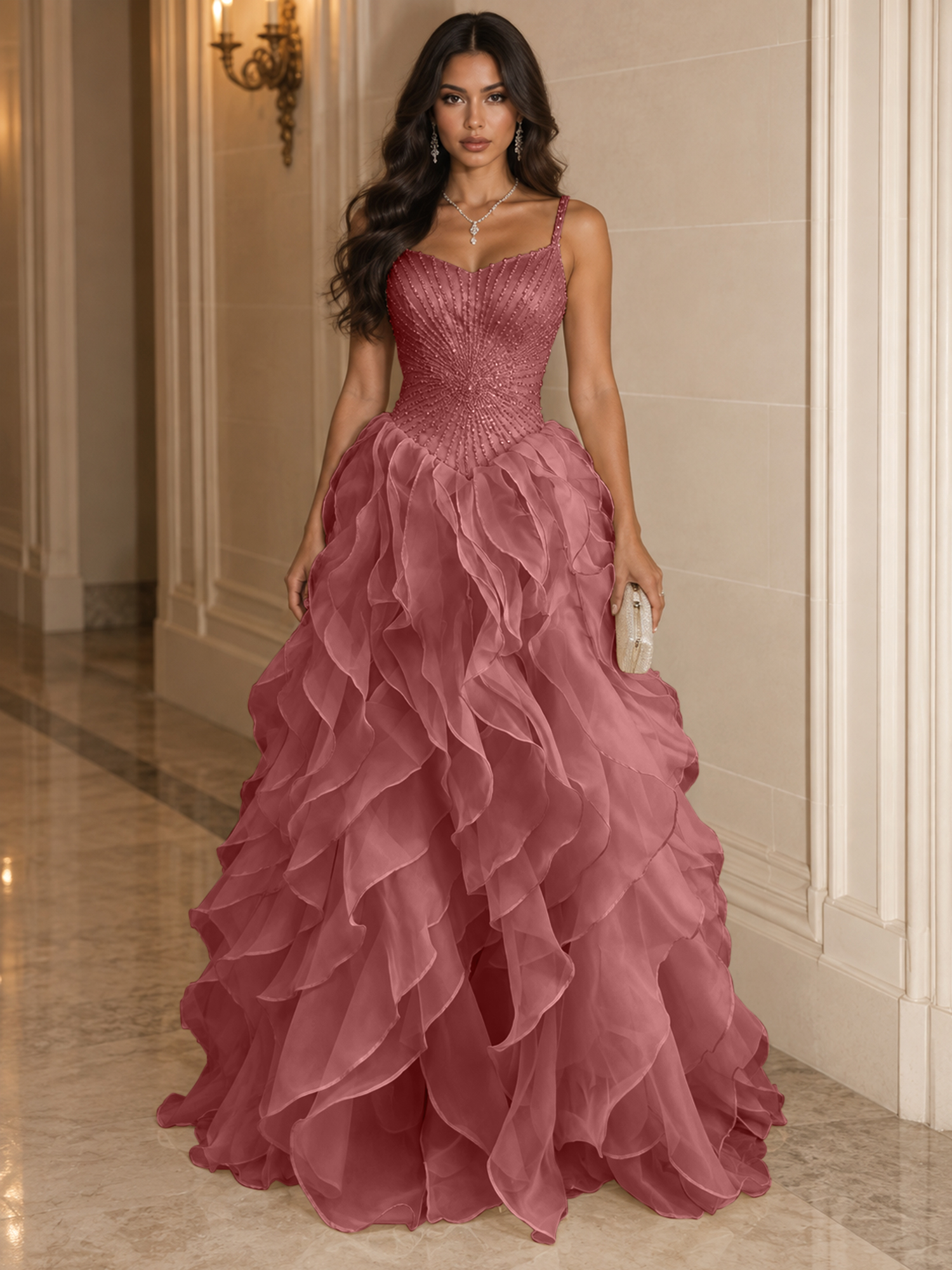 Spaghetti Straps Pleated Luxurious Maxi Evening Dresses with Beadings