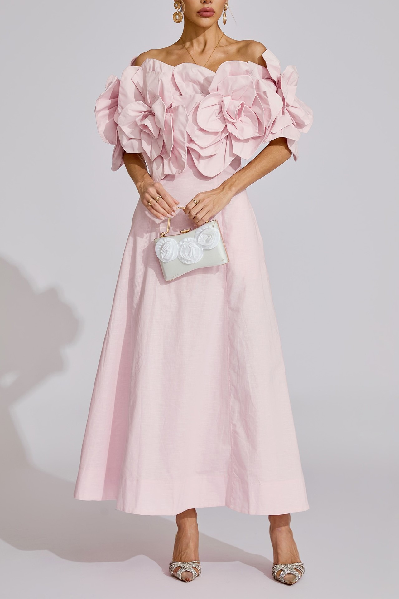 Pink 3D Flower Off-the-shoulder Maxi Dress