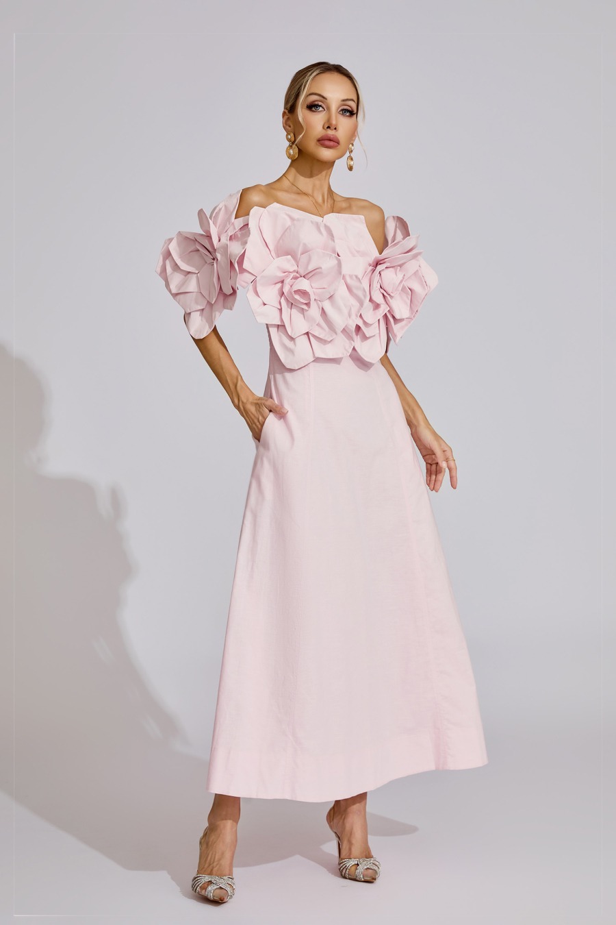 Pink 3D Flower Off-the-shoulder Maxi Dress