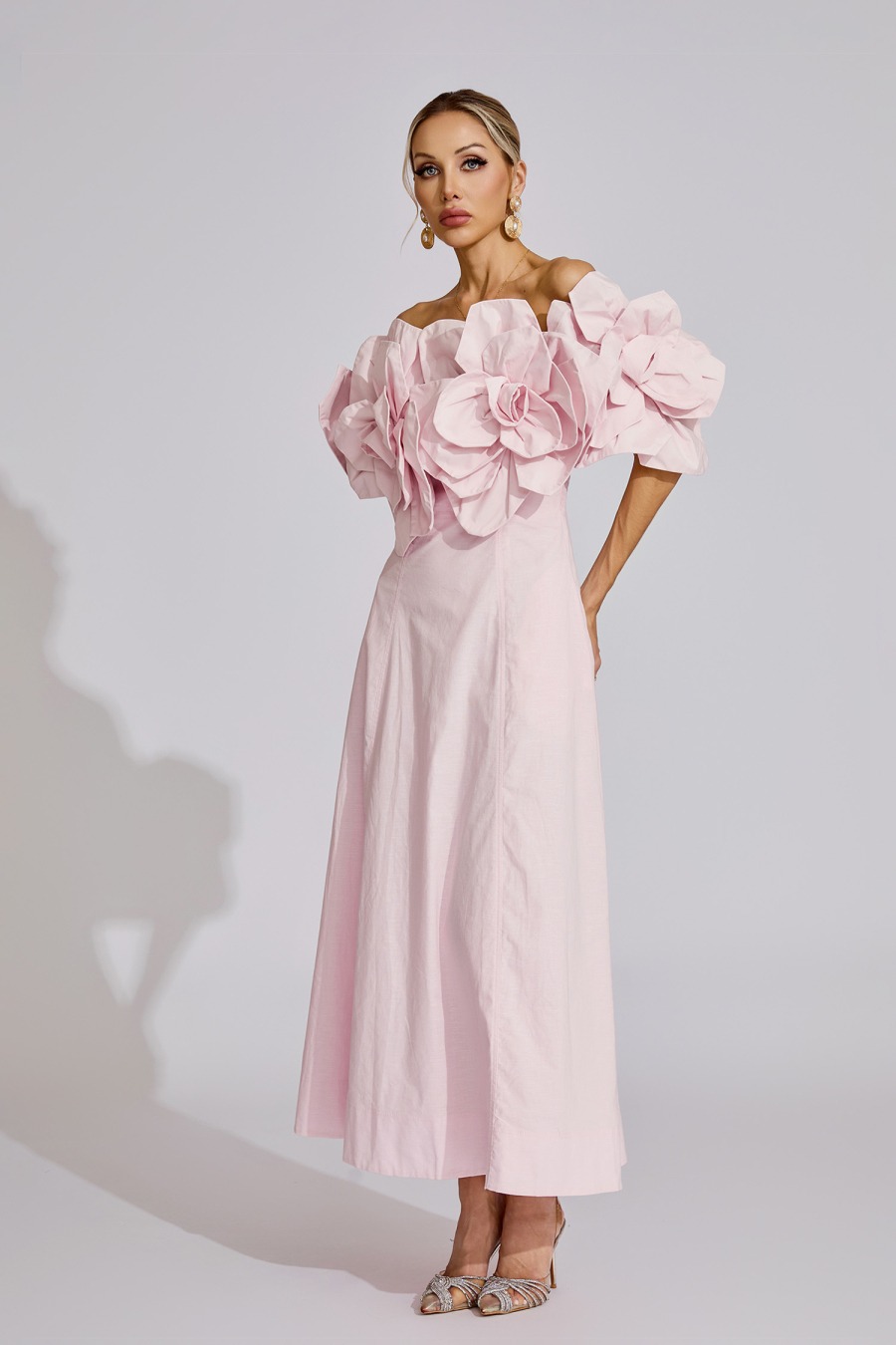Pink 3D Flower Off-the-shoulder Maxi Dress
