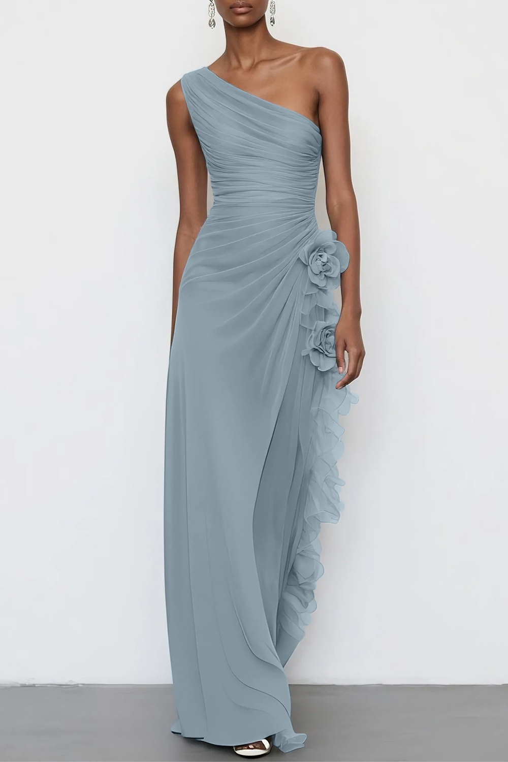 3D Floral Chiffon One Shoulder Sleeveless Sheath Maxi Dress