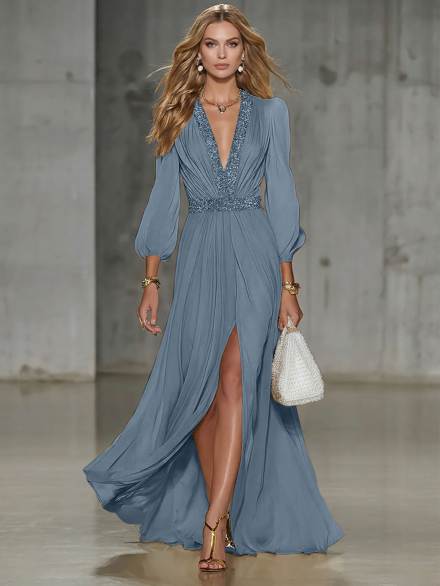 Elegant Beige Chiffon V-neck With Rhinestone Embellishments And A Side Slit Maxi Dress