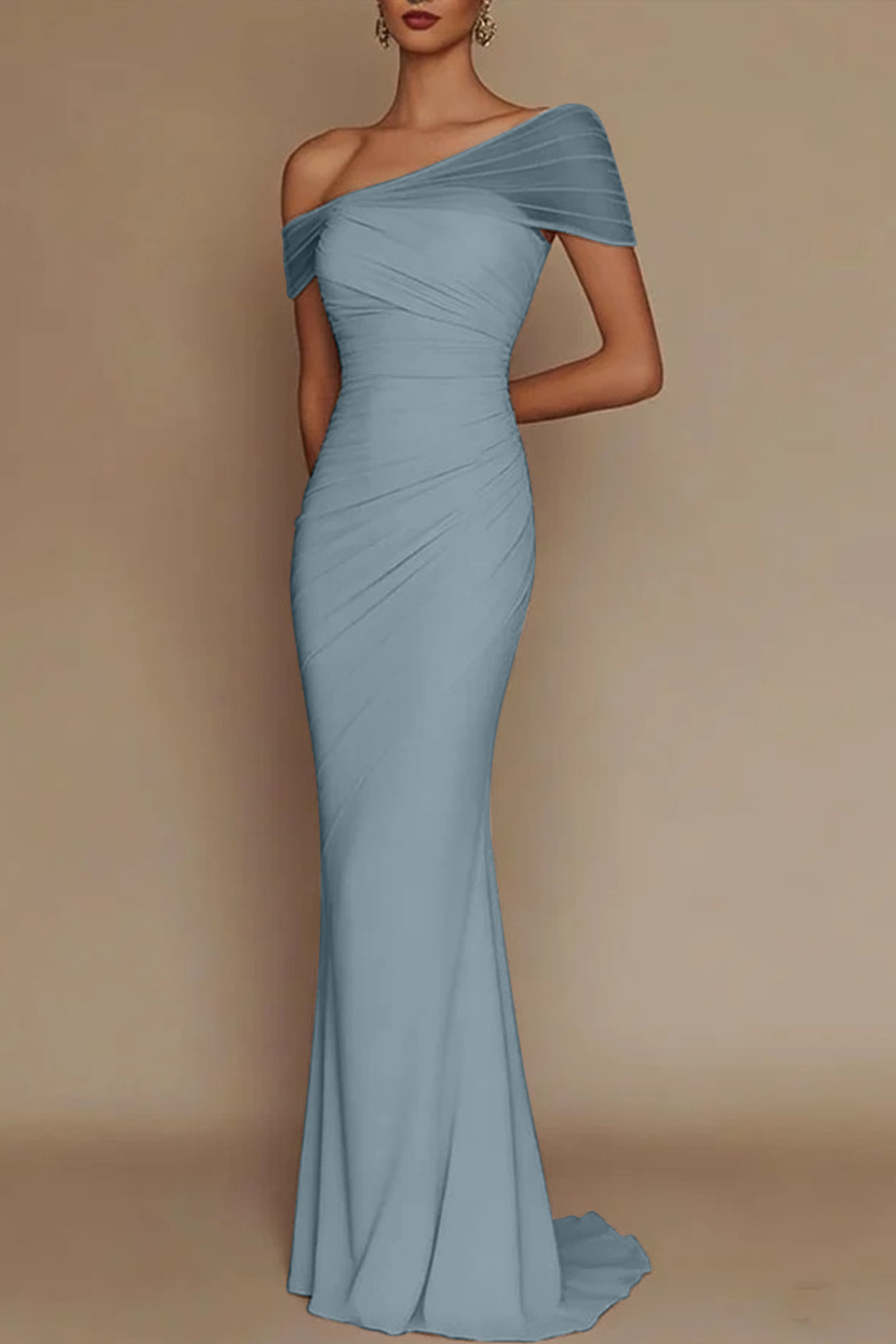 Blush Pink One-Shoulder Mesh-Patched Pleated Mermaid Maxi Dress