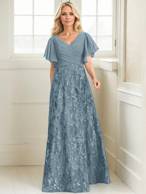 A-line V-Neck Floor-Length Lace Sequin Chiffon Mother of the Bride Dress With Pleated