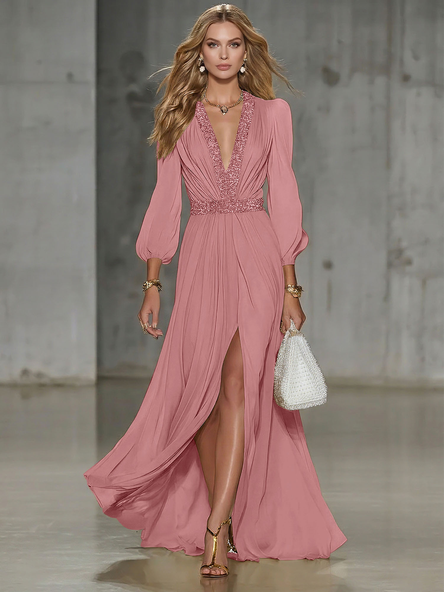 Elegant Beige Chiffon V-neck With Rhinestone Embellishments And A Side Slit Maxi Dress