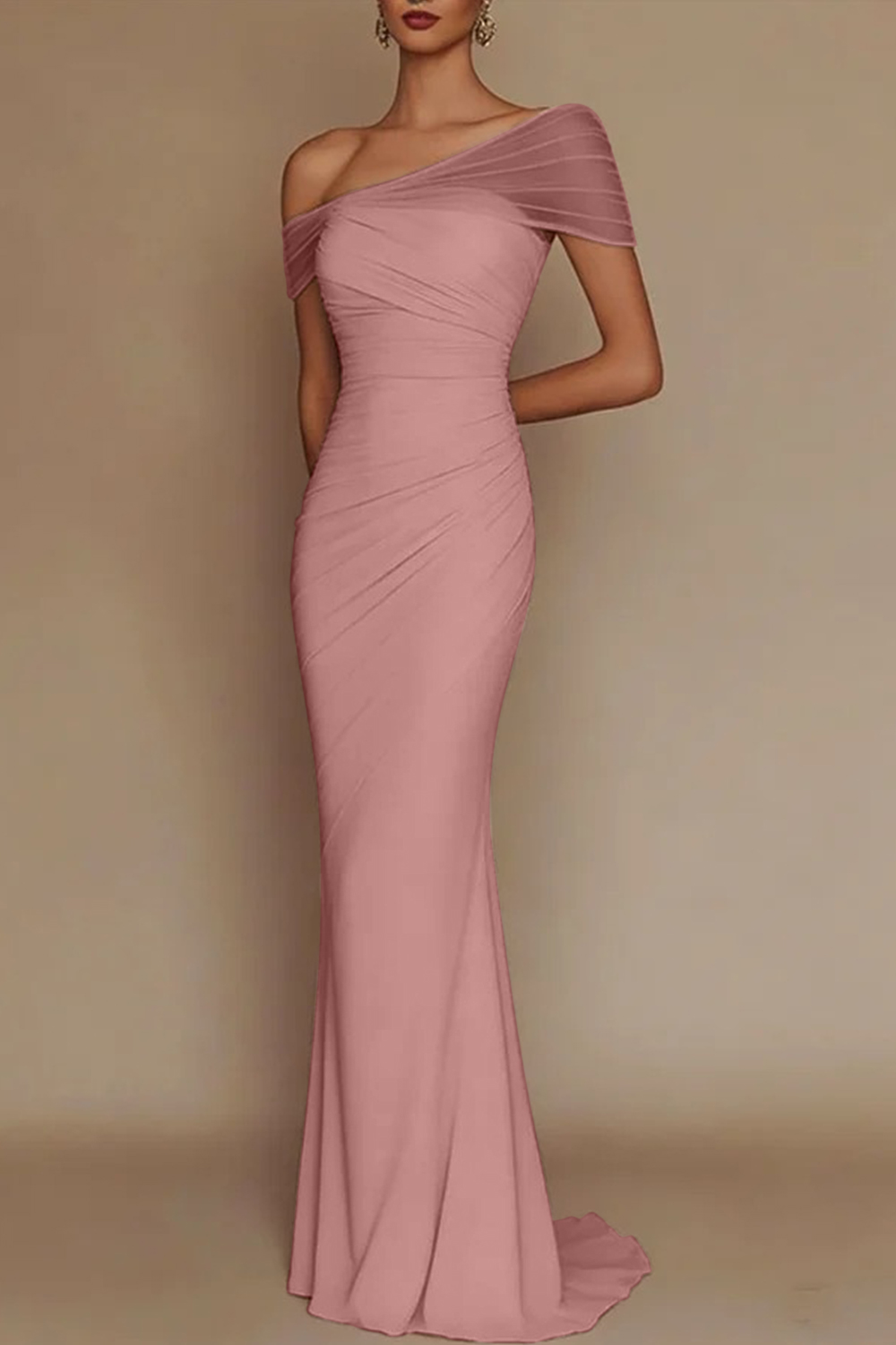 Blush Pink One-Shoulder Mesh-Patched Pleated Mermaid Maxi Dress