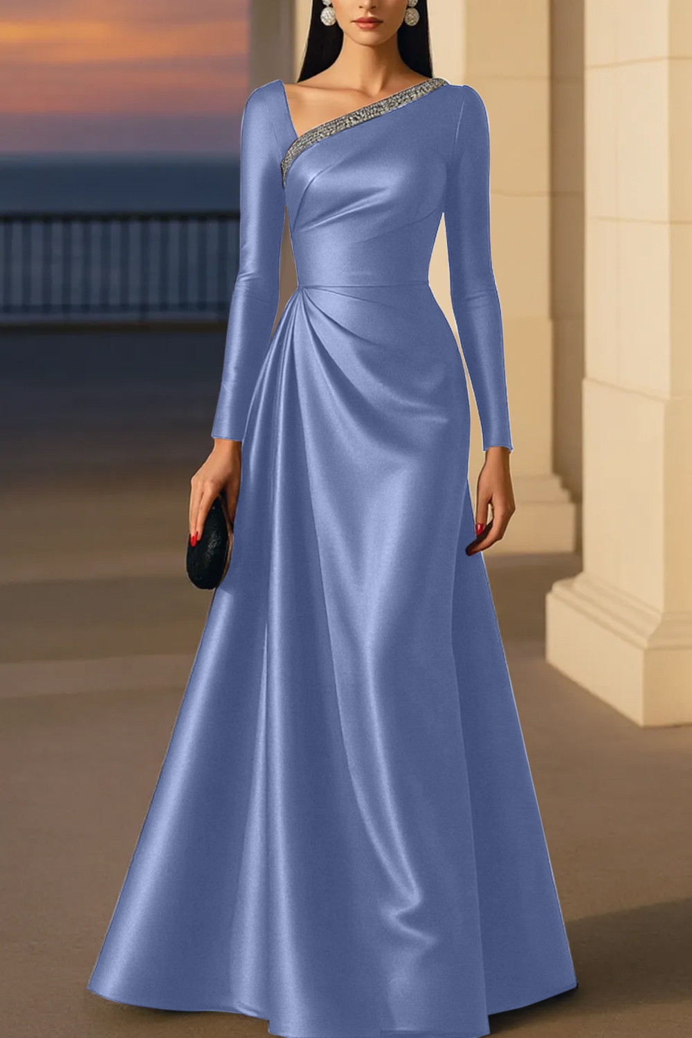 Evening Formal Burgundy Dress Asymmetrical Neck Long Sleeve Maxi Gown