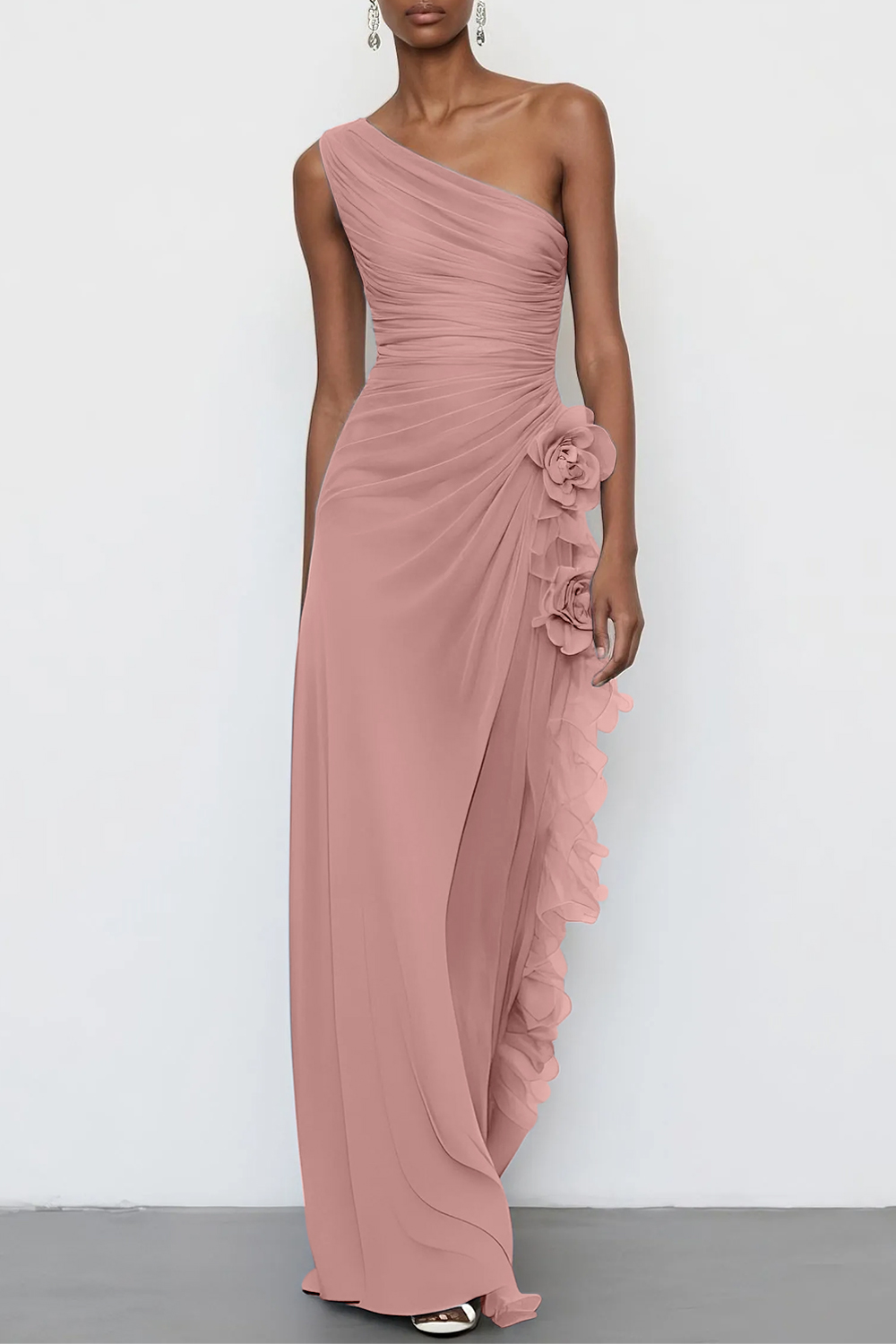 3D Floral Chiffon One Shoulder Sleeveless Sheath Maxi Dress