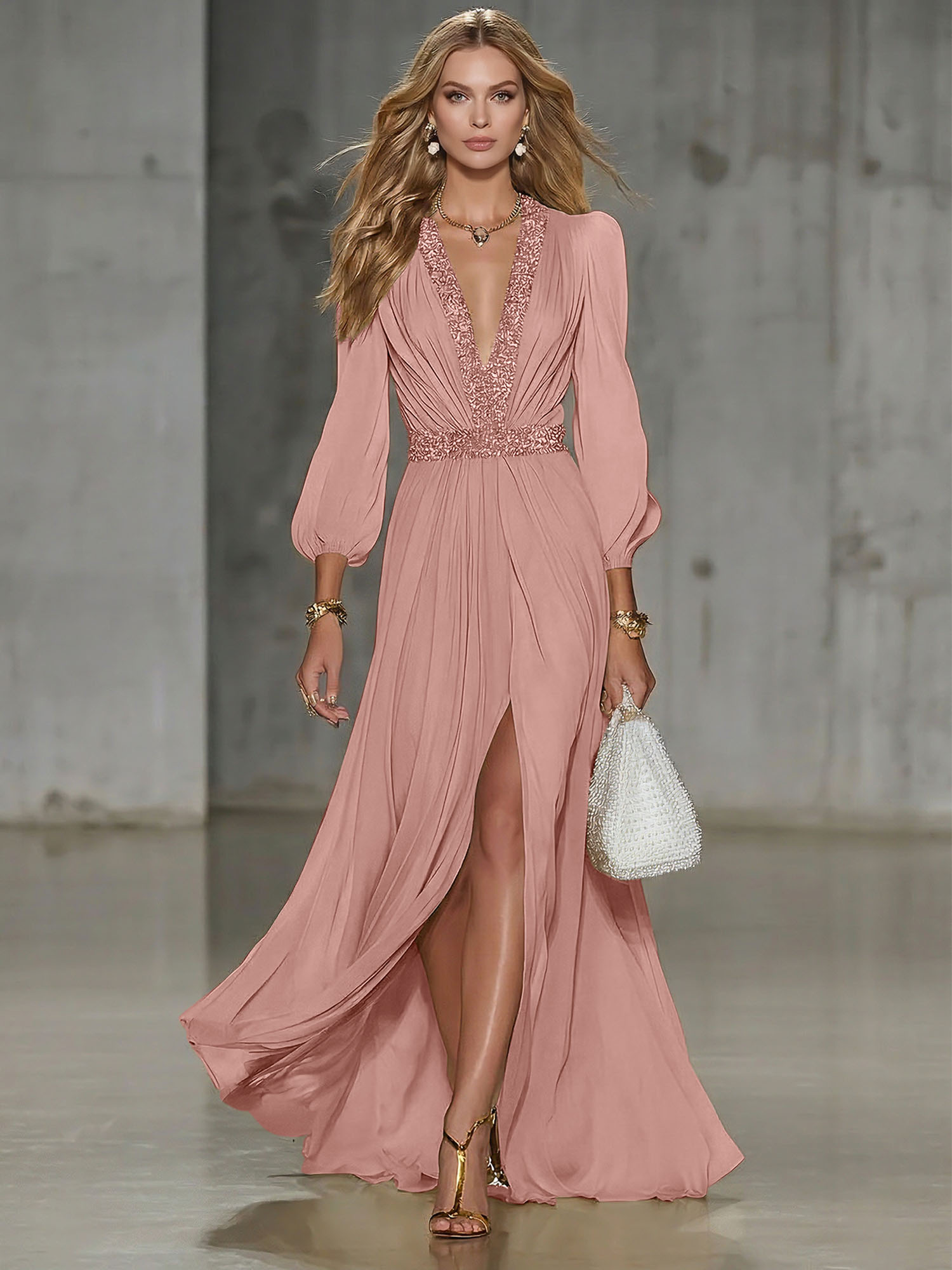 Elegant Beige Chiffon V-neck With Rhinestone Embellishments And A Side Slit Maxi Dress
