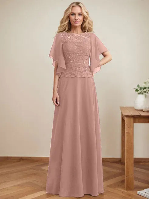 A-line Scoop Illusion Floor-Length Lace Chiffon Mother of the Bride Dress With Sequins