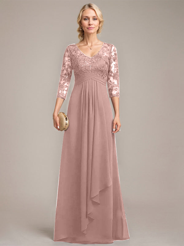 A-line V-Neck Floor-Length Lace Chiffon Mother of the Bride Dress With Cascading Ruffles Sequins