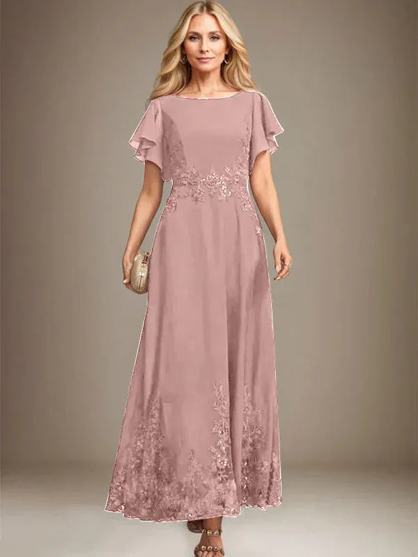A-line Scoop Ankle-Length Lace Chiffon Mother of the Bride Dress With Sequins