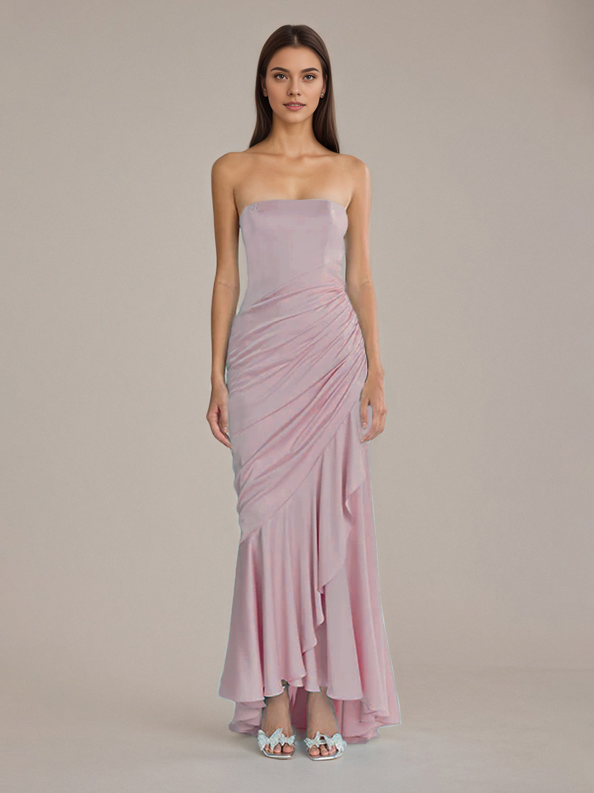 Sheath/Column Satin Off The Shoulder Sleeveless Floor Length Dresses With Ruffles
