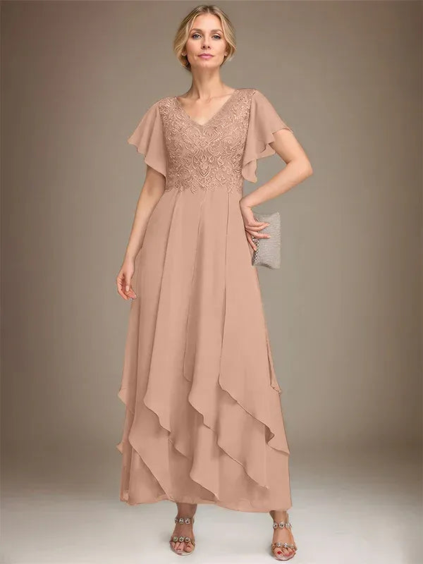 A-line V-Neck Ankle-Length Lace Chiffon Mother of the Bride Dress With Cascading Ruffles