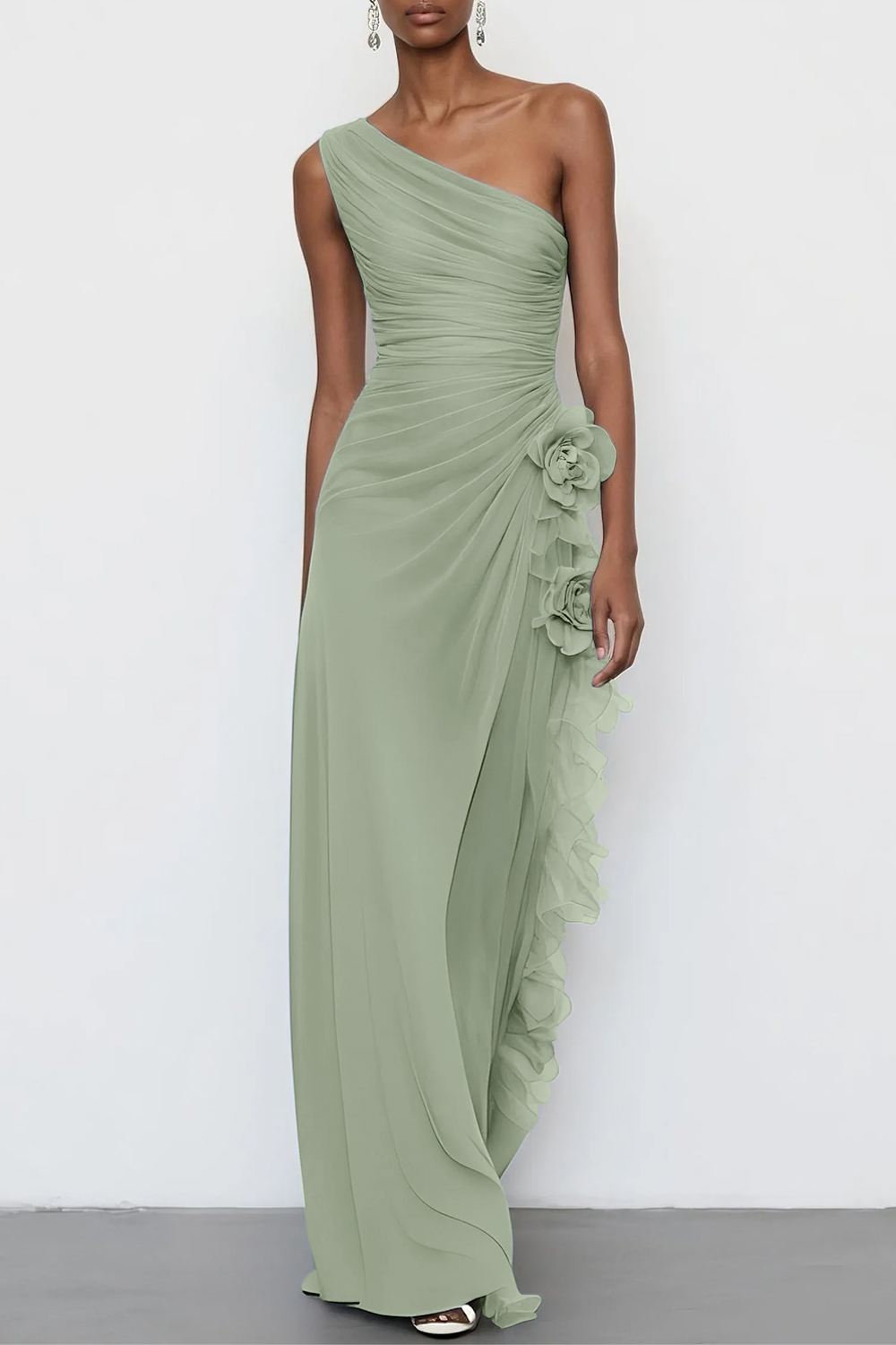 3D Floral Chiffon One Shoulder Sleeveless Sheath Maxi Dress