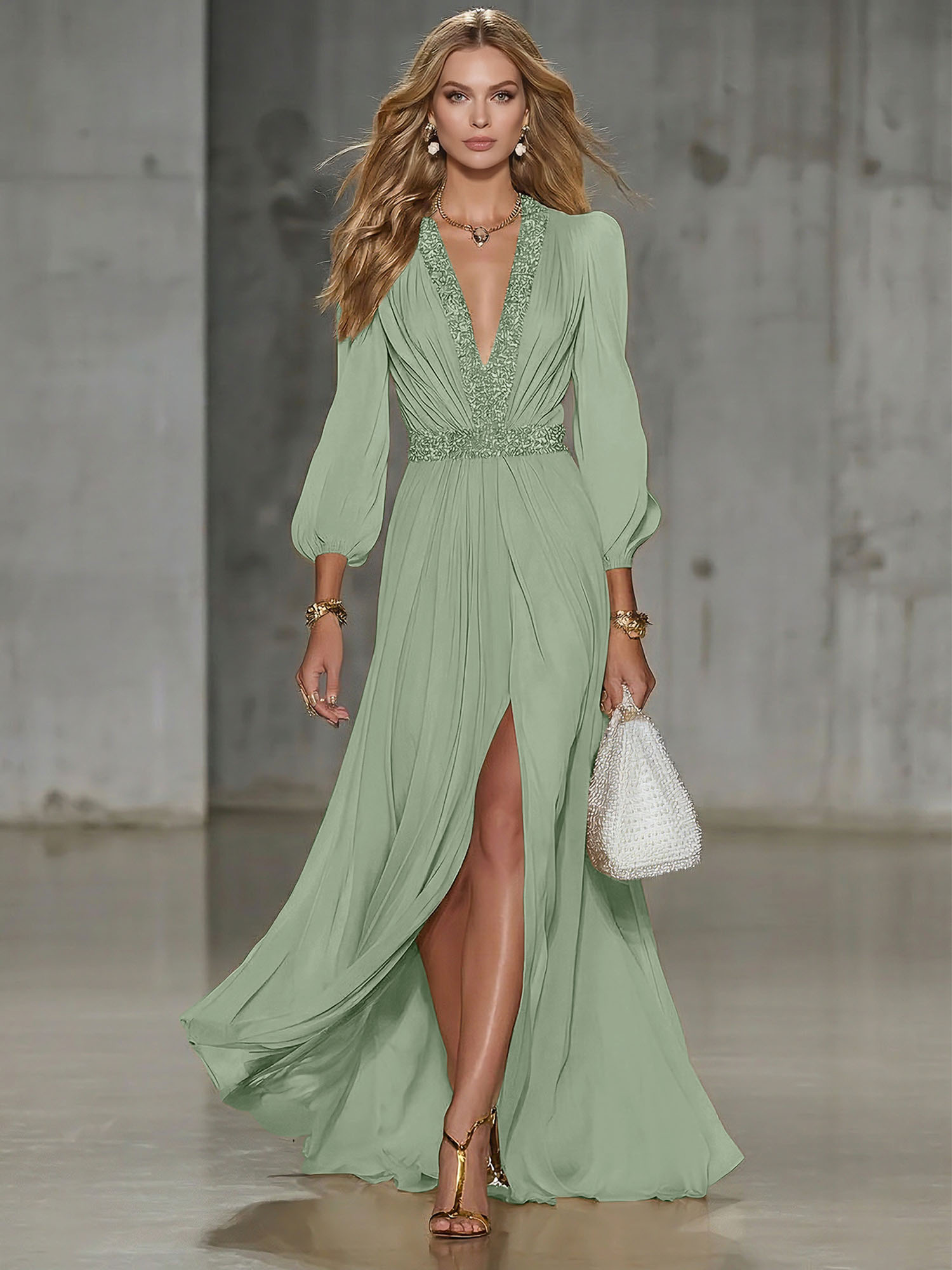 Elegant Beige Chiffon V-neck With Rhinestone Embellishments And A Side Slit Maxi Dress