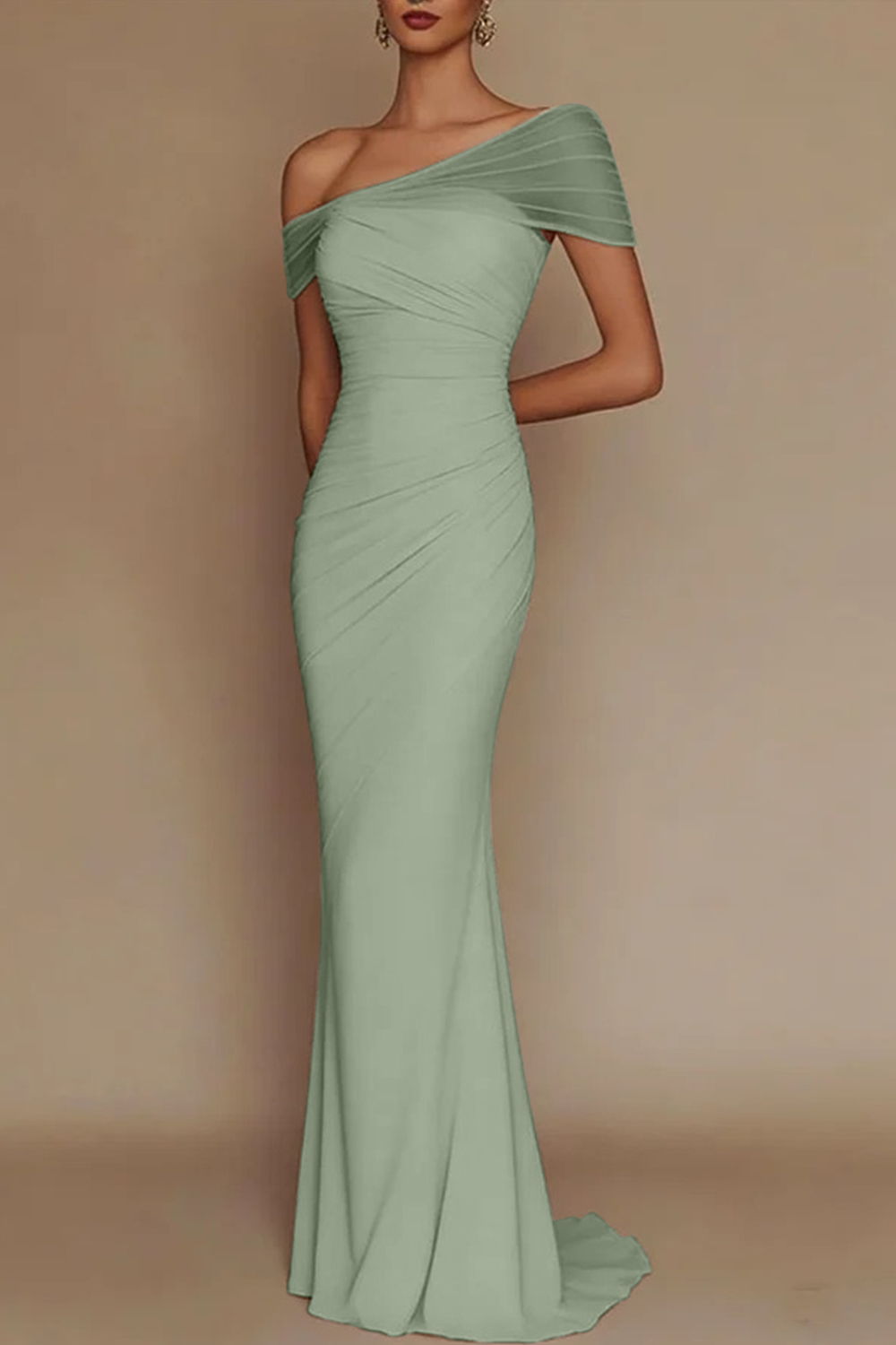 Blush Pink One-Shoulder Mesh-Patched Pleated Mermaid Maxi Dress