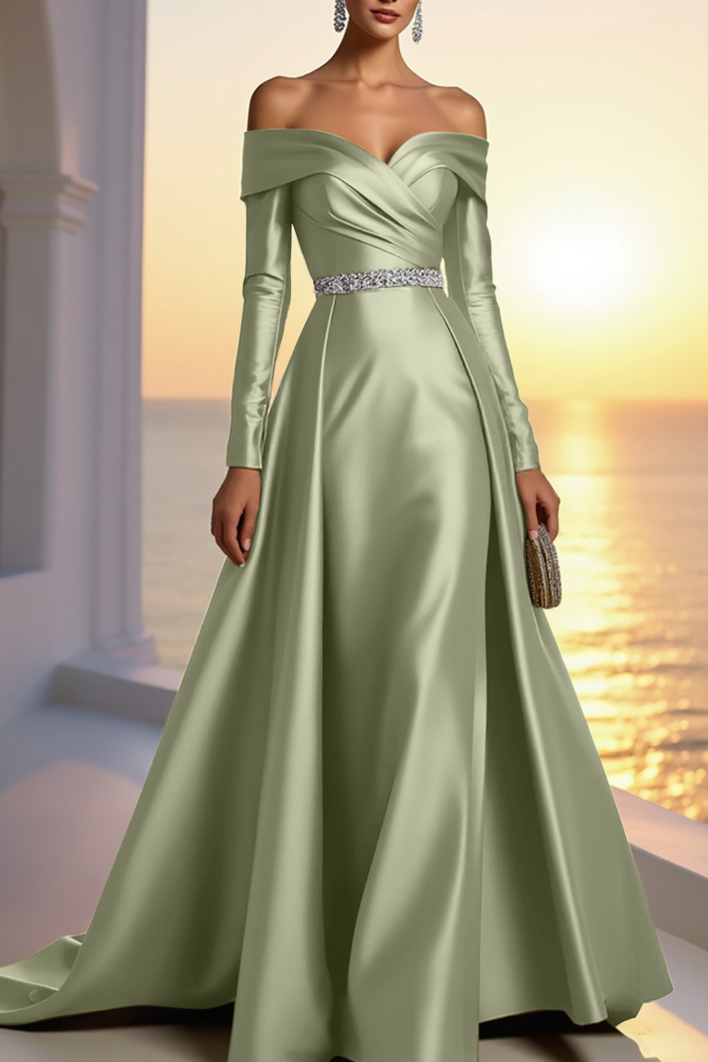Formal Champagne Satin Dress Off The Shoulder Long Sleeve Maxi Gown
