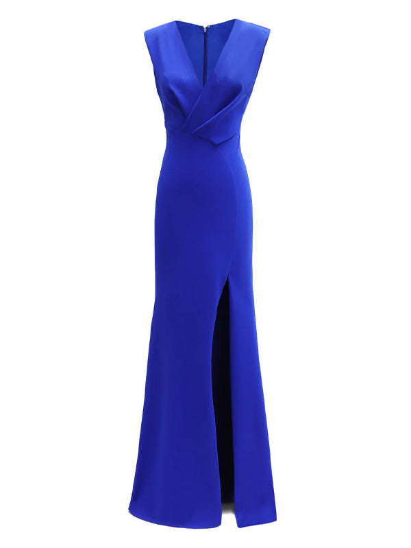 Evening Dress Royal Blue V-Neck  Off the Shoulder Ruffles Sleeveless High Slit