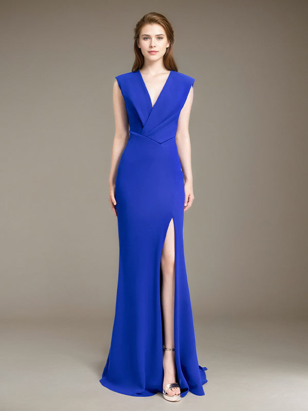 Evening Dress Royal Blue V-Neck  Off the Shoulder Ruffles Sleeveless High Slit