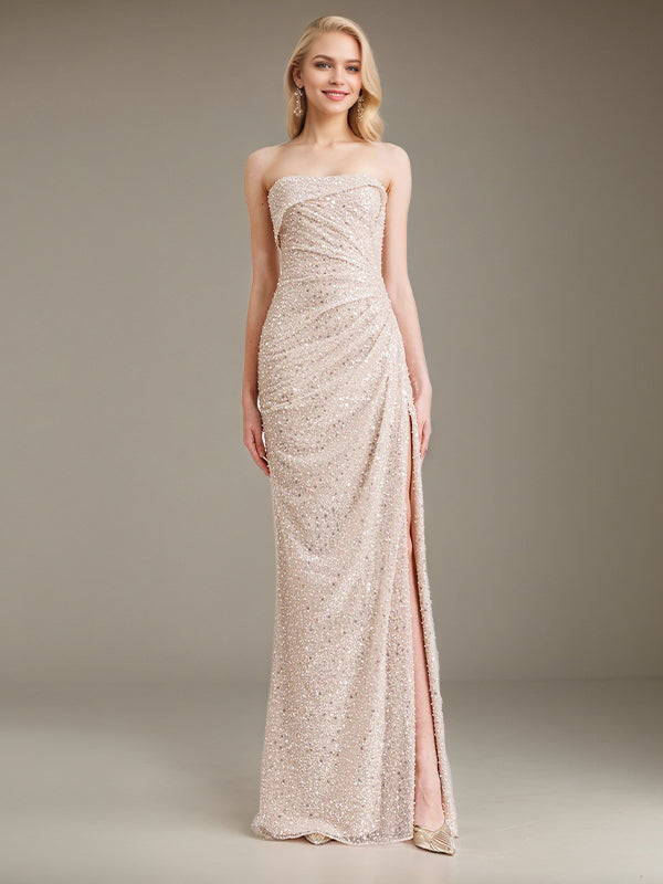 Evening Dress Off the Shoulder	Sequins Sleeveless Ruffles High Slit