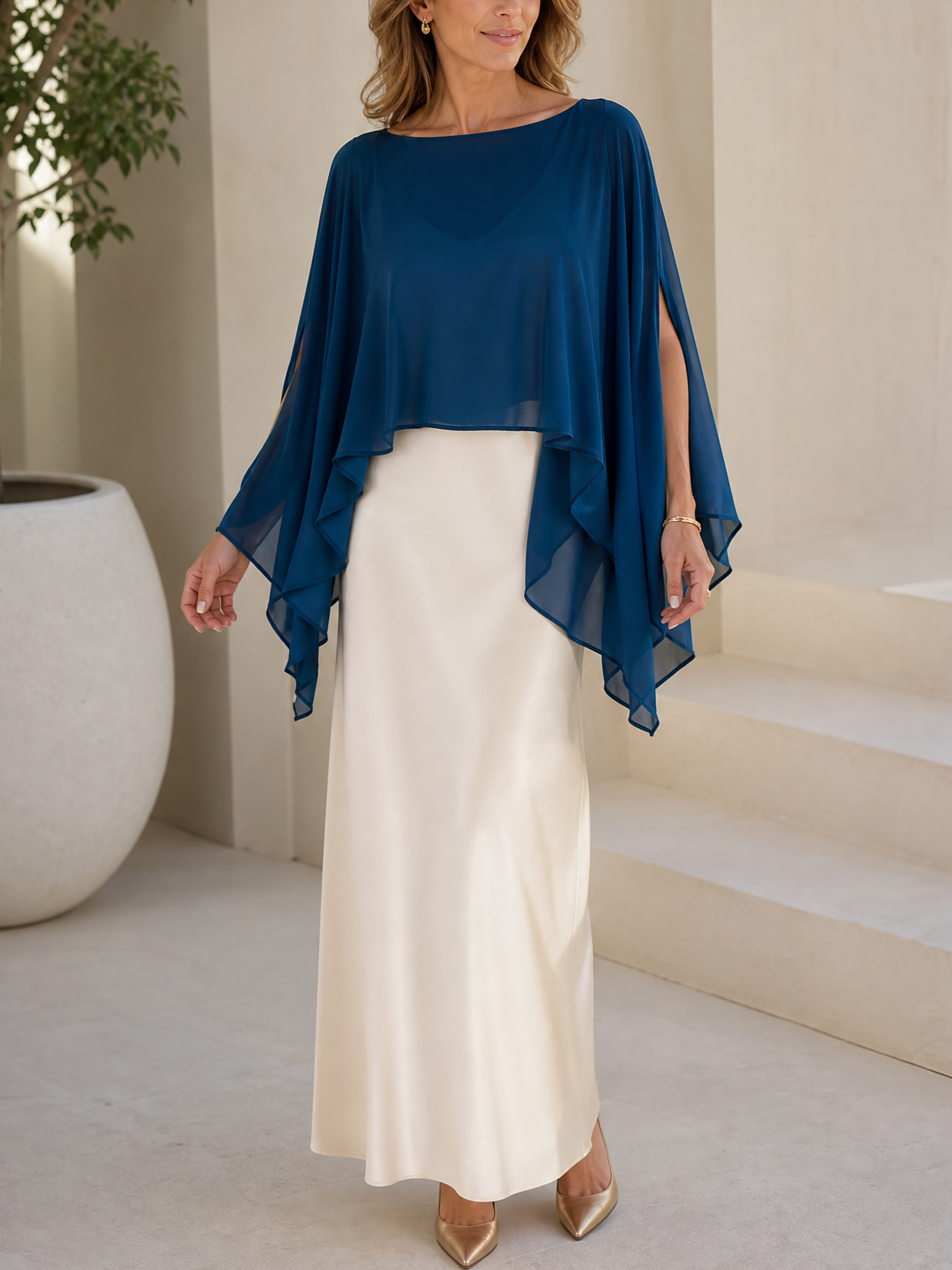 Two Piece Teal Chiffon Cape Overlay Cream Satin Slip Midi Mother of Bride Evening Gown