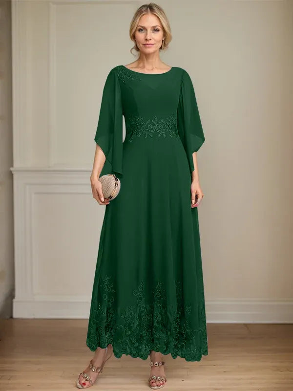 A-line Scoop Illusion Ankle-Length Lace Chiffon Mother of the Bride Dress With Sequins