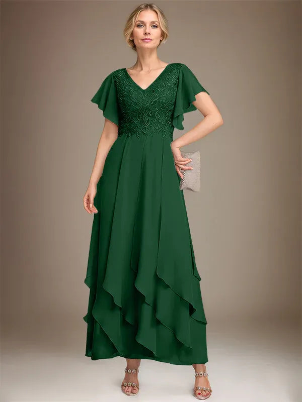 A-line V-Neck Ankle-Length Lace Chiffon Mother of the Bride Dress With Cascading Ruffles