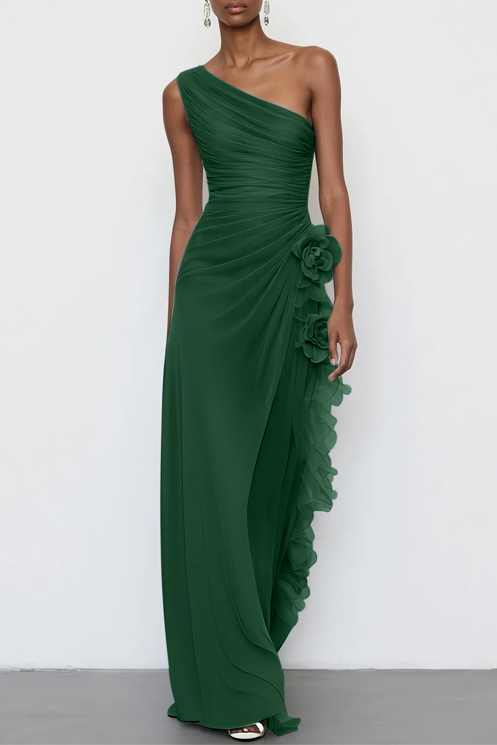 3D Floral Chiffon One Shoulder Sleeveless Sheath Maxi Dress