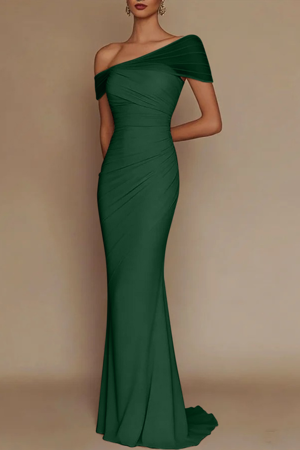 Blush Pink One-Shoulder Mesh-Patched Pleated Mermaid Maxi Dress