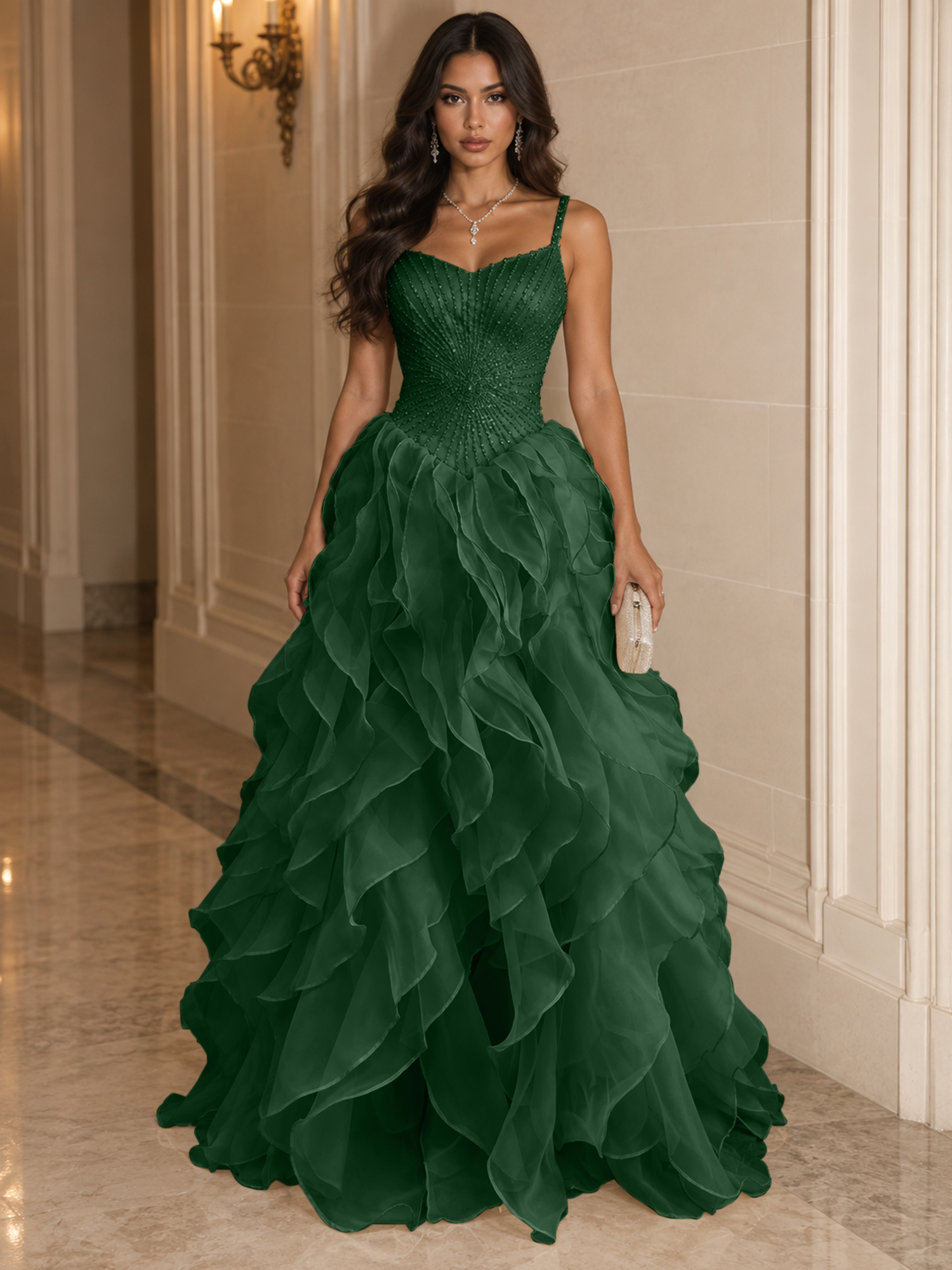 Spaghetti Straps Pleated Luxurious Maxi Evening Dresses with Beadings