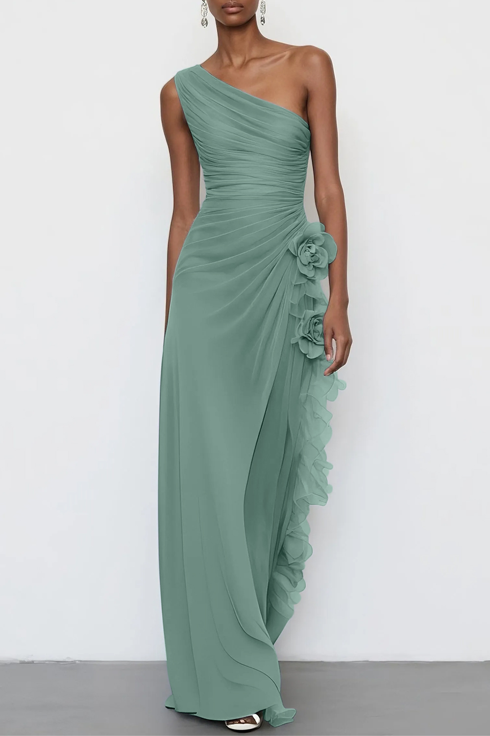 3D Floral Chiffon One Shoulder Sleeveless Sheath Maxi Dress