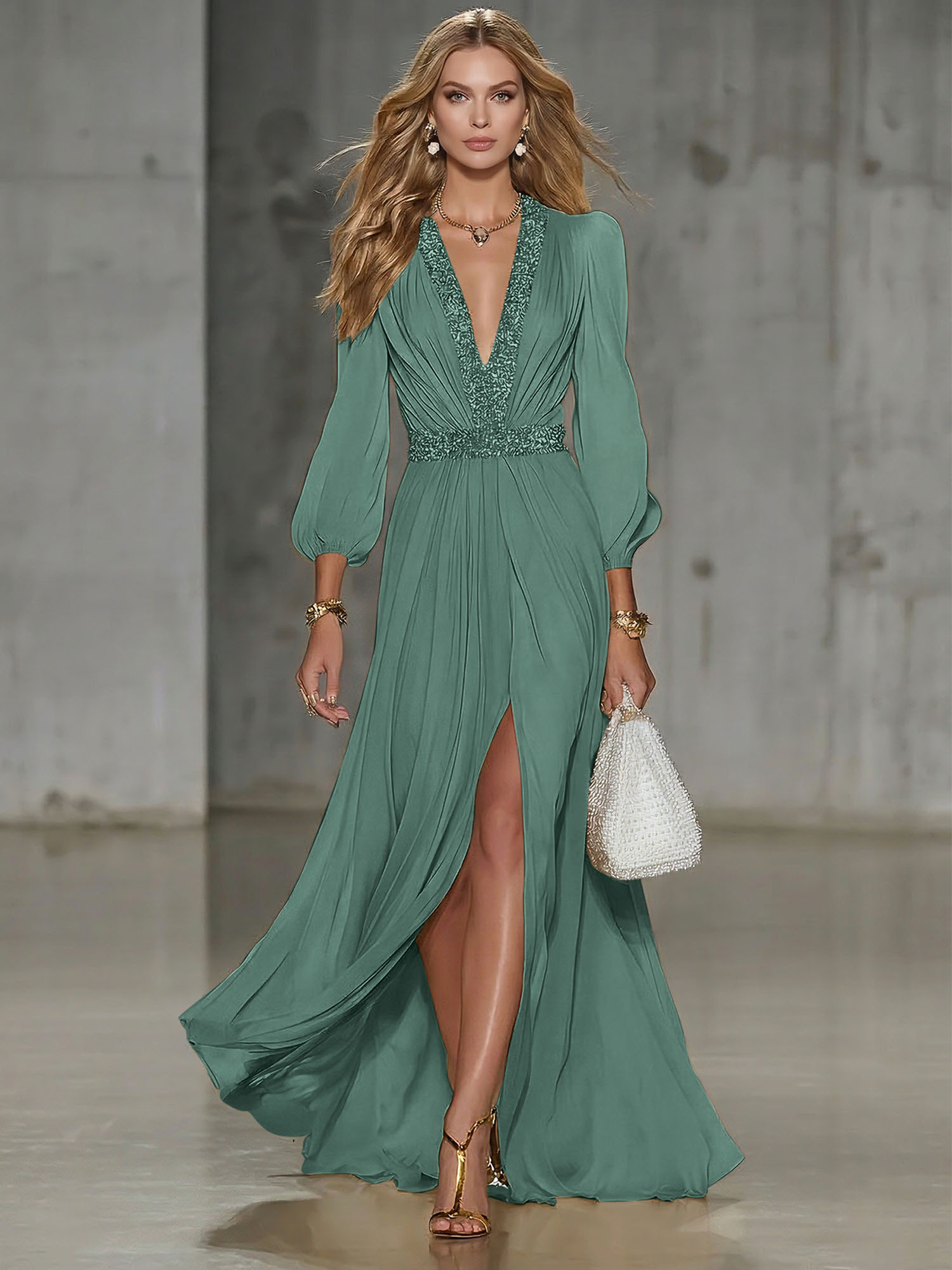 Elegant Beige Chiffon V-neck With Rhinestone Embellishments And A Side Slit Maxi Dress