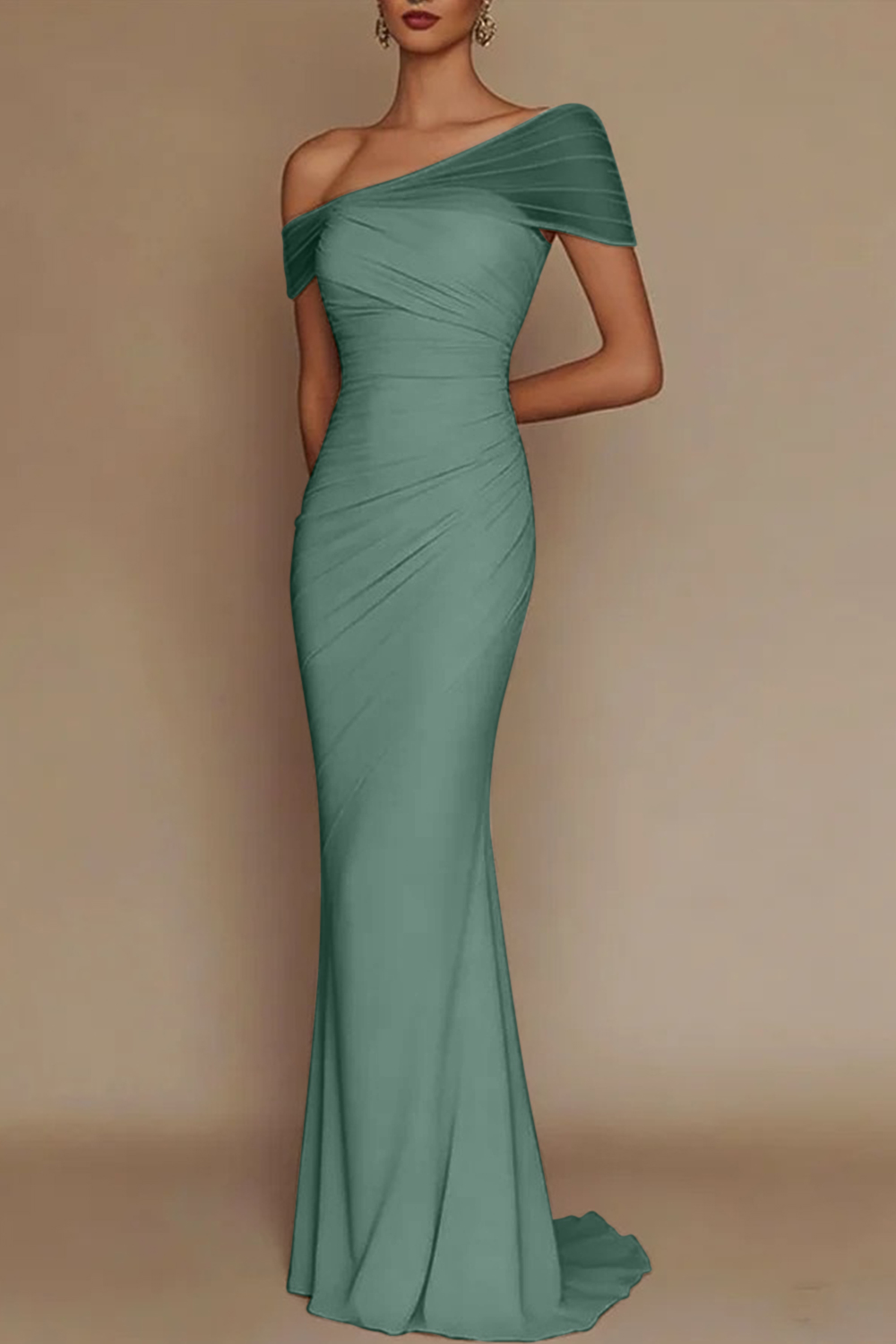 Blush Pink One-Shoulder Mesh-Patched Pleated Mermaid Maxi Dress