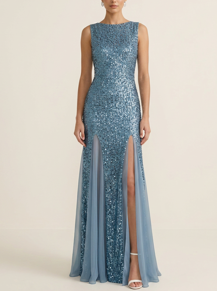 Dusty Blue Sleeveless Sequin Chiffon Double Slit Mermaid Evening Gown