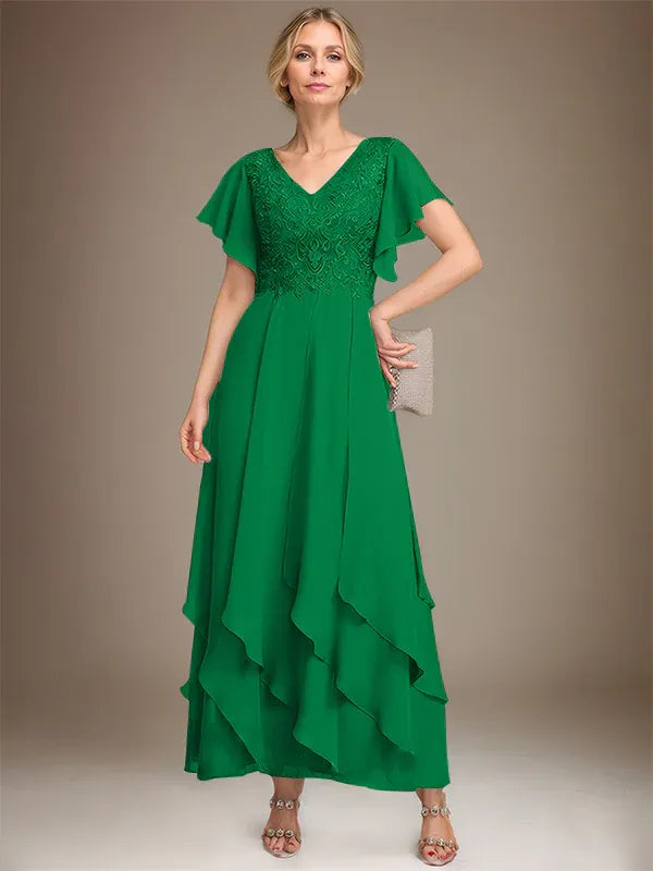 A-line V-Neck Ankle-Length Lace Chiffon Mother of the Bride Dress With Cascading Ruffles