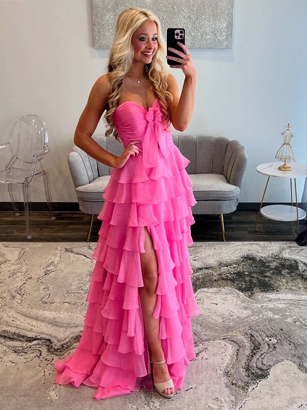 A-Line Sweetheart Chiffon Tiered Long Prom Dress with Slit
