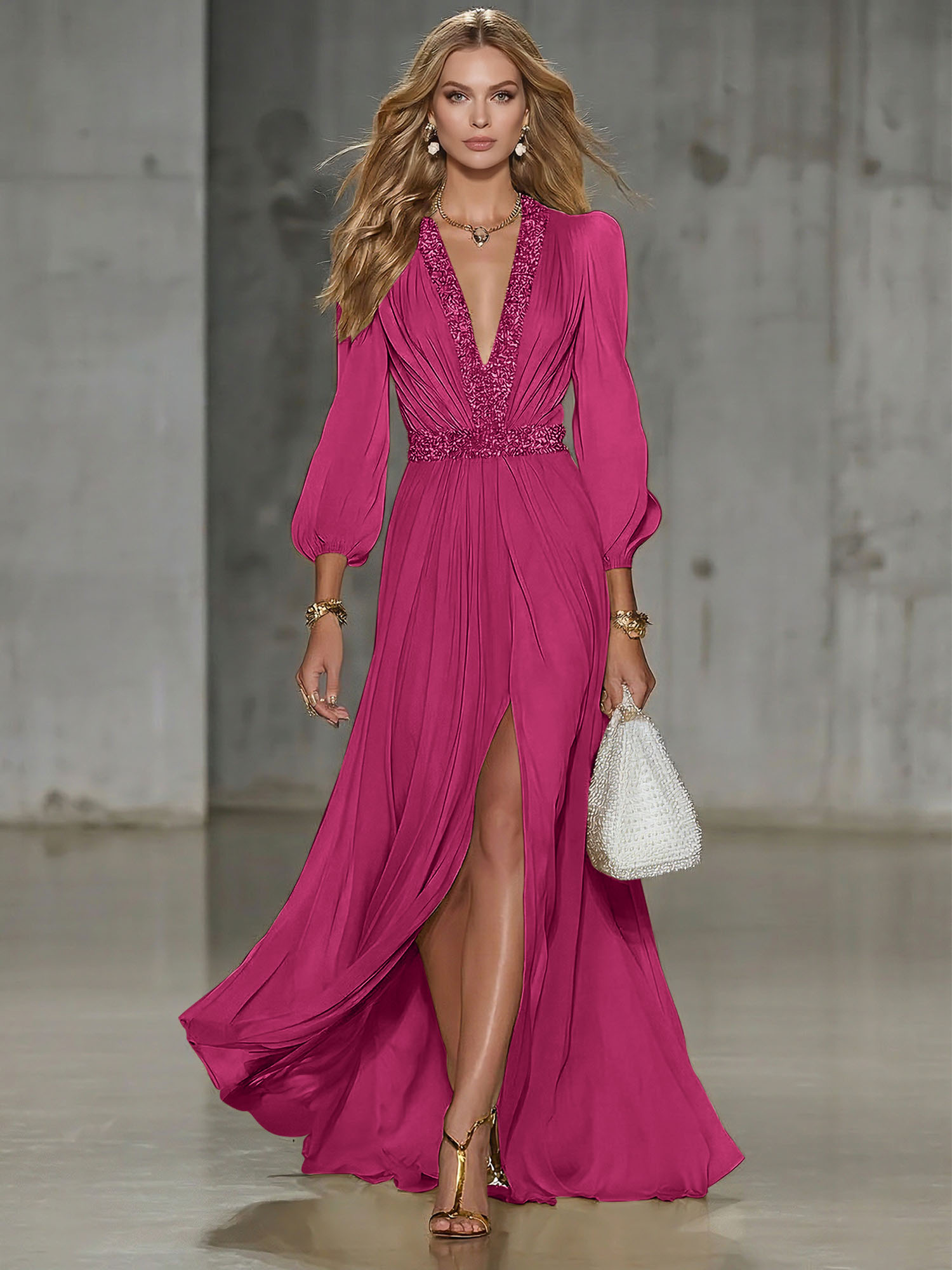 Elegant Beige Chiffon V-neck With Rhinestone Embellishments And A Side Slit Maxi Dress