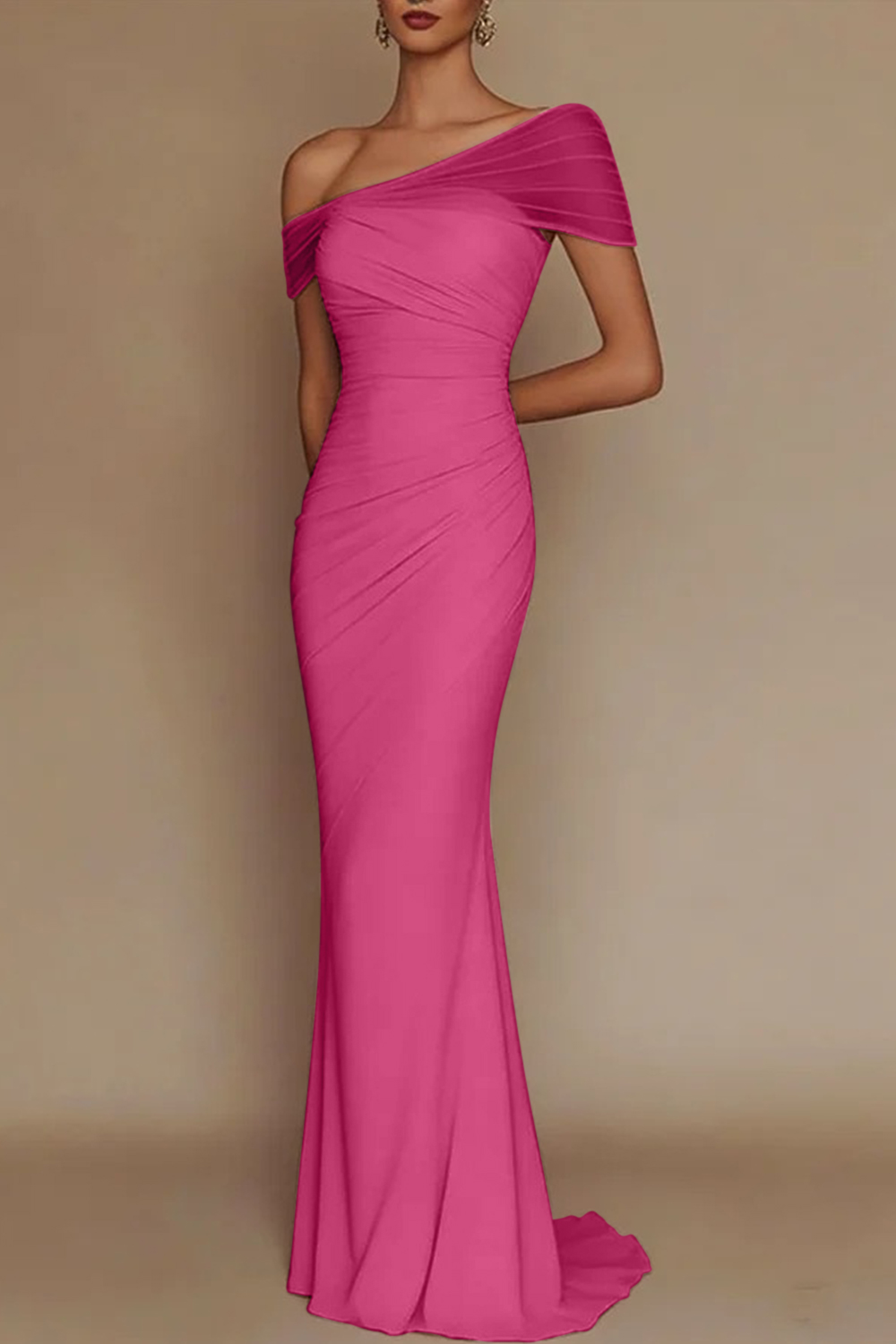 Blush Pink One-Shoulder Mesh-Patched Pleated Mermaid Maxi Dress