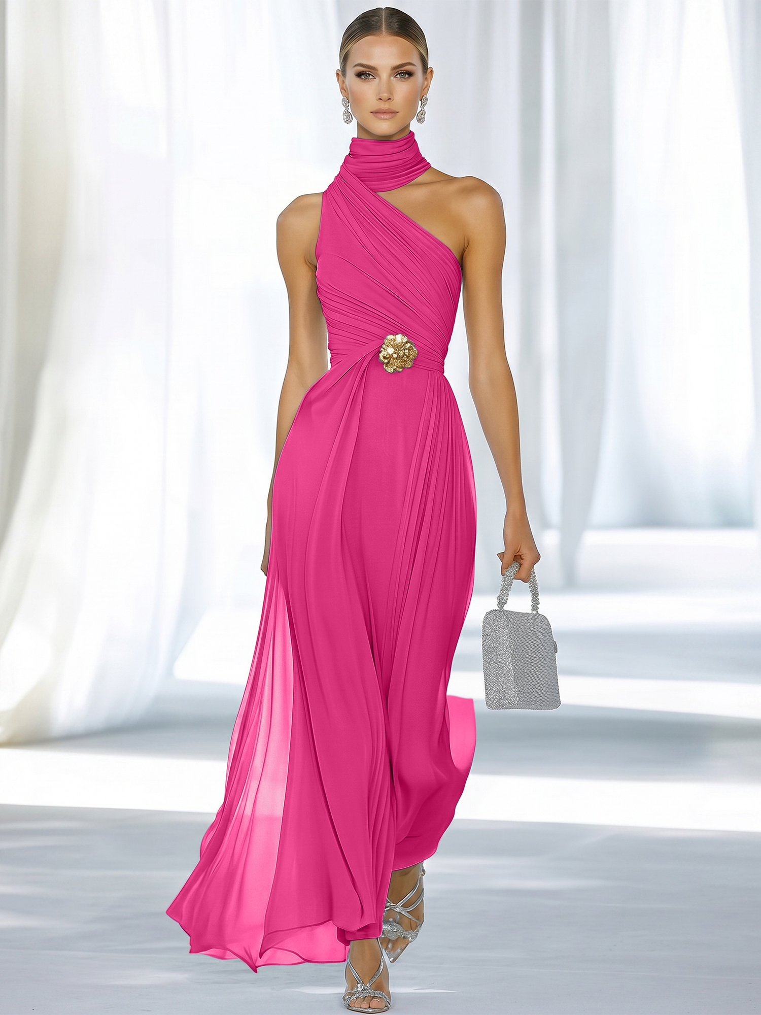 Sky Blue One-Shoulder High-Neck Ruched Chiffon Maxi Dress